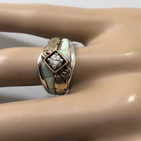 Sterling Silver & Gold Ring with Mother of Pearl Inlay with Cubic Zirconia Stone - Picture 1 of 6